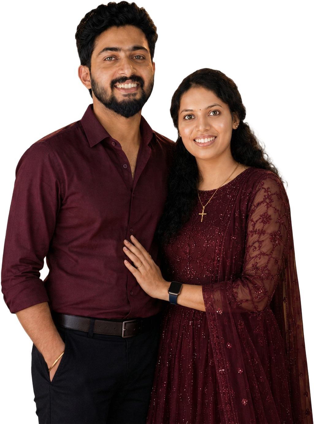 Jeffin and Sneha in maroon festive attire