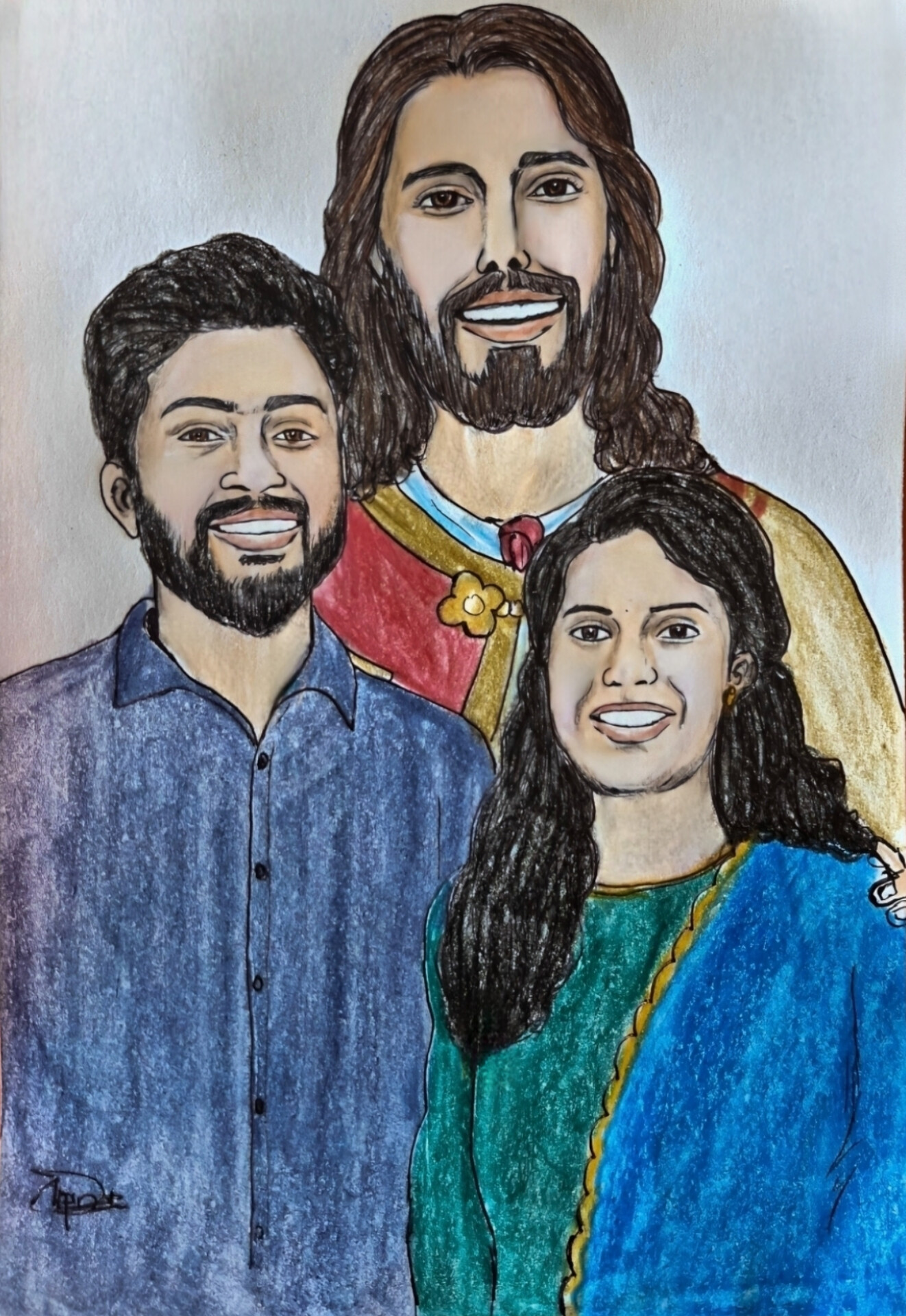 Illustration of Jeffin and Sneha with Jesus standing behind them