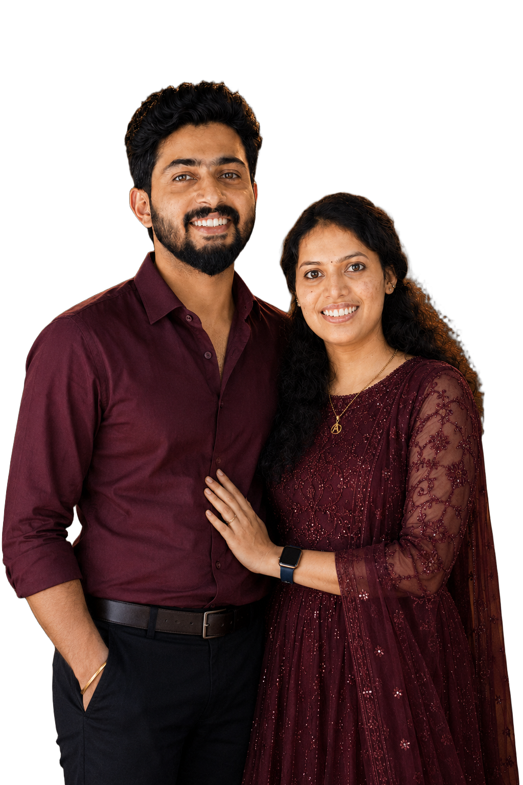 Jeffin and Sneha in maroon festive attire